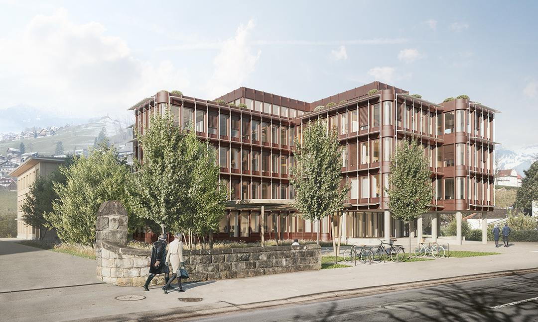 Visualisierung neues Gemeindehaus, im Hintergrund das neue Multifunktionsgebäude
