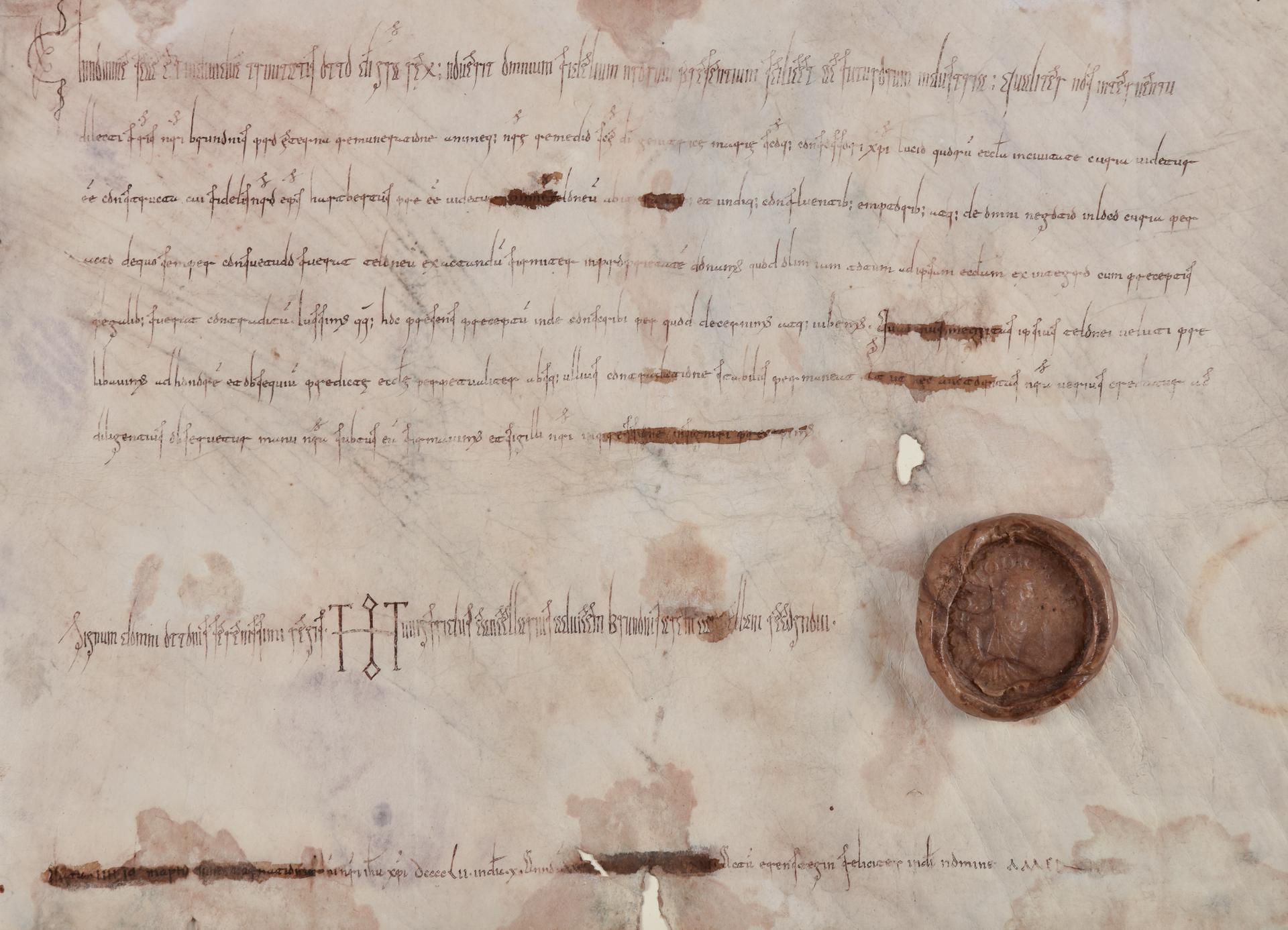 Älteste Urkunde im
Stadtarchiv von 952 mit Siegel (A I/1.17.01).
König Otto I. gibt der Kirche Chur,
der Bischof Hartbert vorsteht, den bereits
übertragenen Zoll zu eigen. (StadtAC,
F 08.197, Foto Stephan Schenk, 2024).