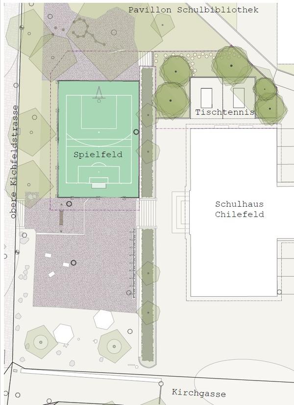 Situationsplan zur Aufwertung des Aussenraums beim Schulhaus Chilefeld. (Copyright: Zwischenraum Landschaftsarchitektur GmbH)