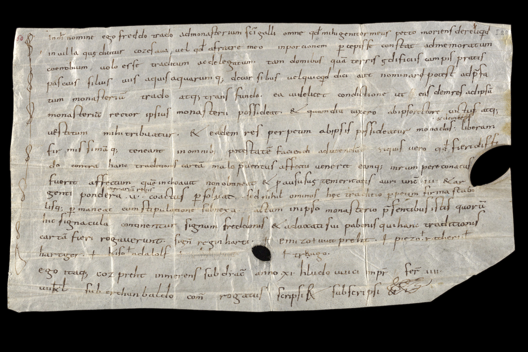 Mit dieser Urkunde übertrug am 26. Oktober 824 der Gossauer Freddo sein Hab und Gut in "Cozesaua" an das Kloster St. Gallen. Diese älteste bekannte schriftliche Erwähnung von Gossau gab Anlass für das Jubiläumsjahr.