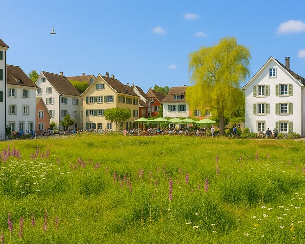 Grosse Wiese vor einem Dorf