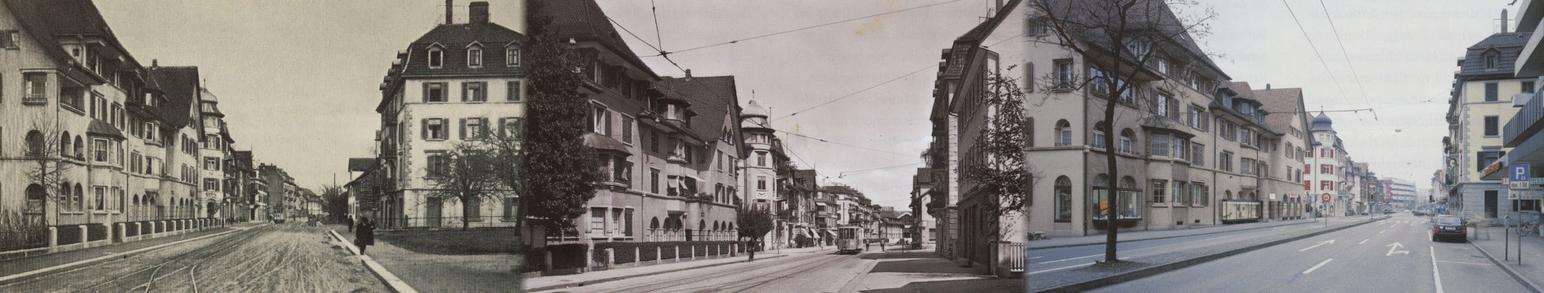 Bild links um 1912: Links befindet sich das alte Gemeindehaus und rechts das Haus Tentardini mit dem jetzt "Tifosi" genannten Restaurant.
Bild Mitte um 1937: Bis auf den Neubau von 1931 neben dem Tentardini-Haus und das Kopfsteinpflaster ist die Zürcherstrasse unverändert.
Bild rechts um 1996: Seit 1971 ist die Zürcherstrasse 4-spurig ausgebaut. Das von 1931 stammende Haus wurde 1971 durch den Neubau der Migros ersetzt. Die 80-bis 100-jährige Häuserreihe am linken Bildrand wird durch das 1991 vollendete Druckzentrum der NZZ abgeschlossen.
