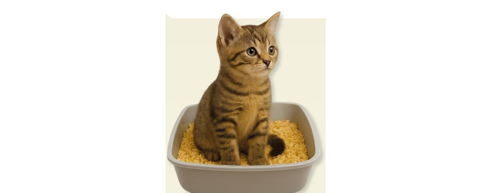 Eine kleine Katze in ihrer Katzenkiste mit Katzenstreu aus Pflanzenfastern