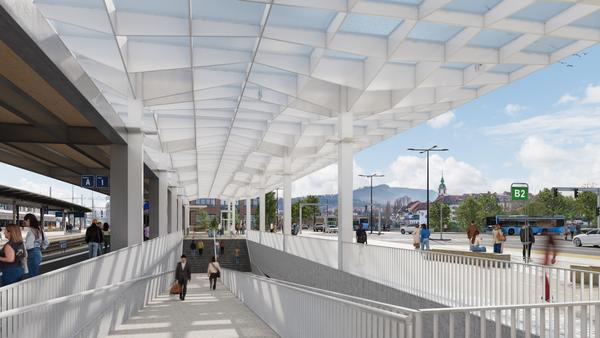 Blick über die neue Rampenanlage unter dem «Stadtdach» in Richtung Altstadt