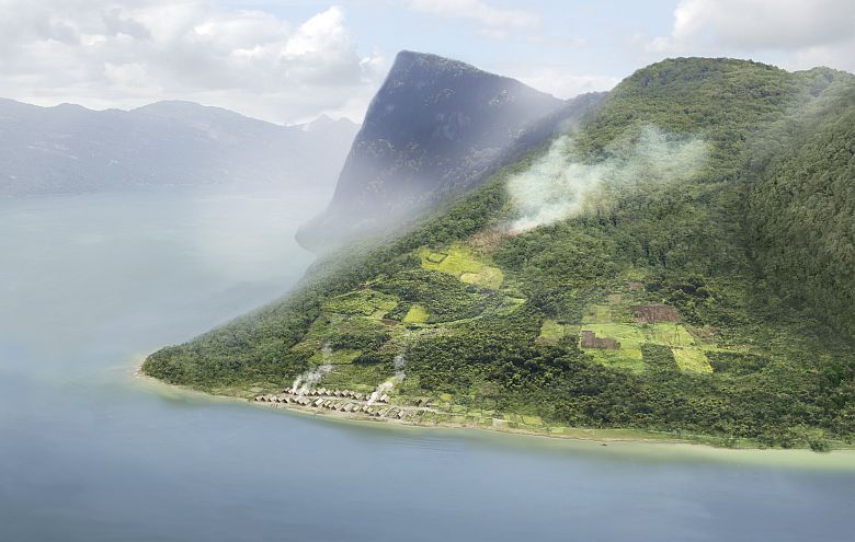 Rekonstruktionszeichnung der Pfahlbausiedlung (Fachstelle für Archäologie, Bild: Joe Rohrer)