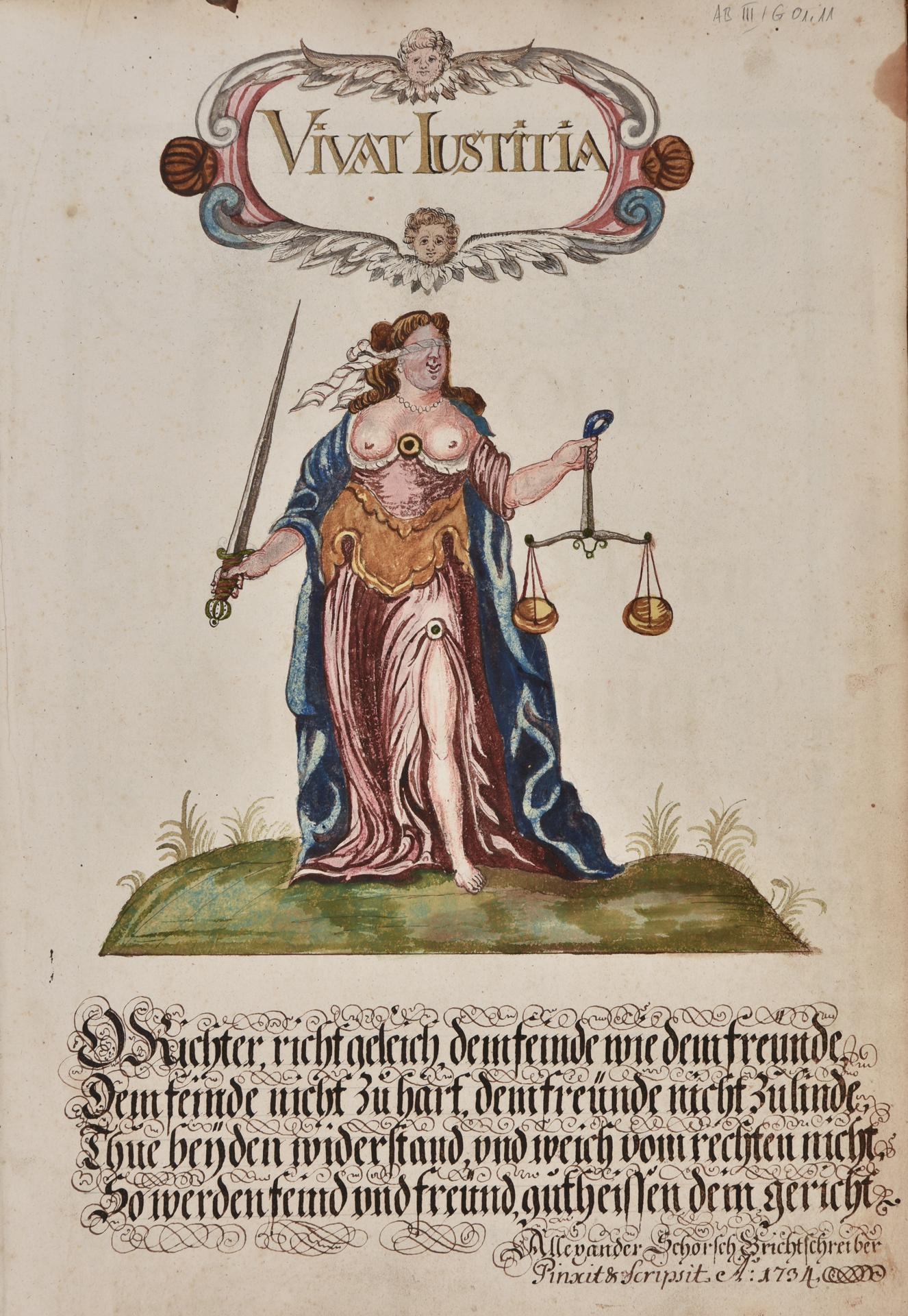 Zeichnung der Justitia im
«Statt-Gerichts-Protocoll» von 1734–1763
(AB III/G 01.11) mit reich verziertem Text.
(StadtAC, F 08.196, Foto Stephan Schenk,
2024).