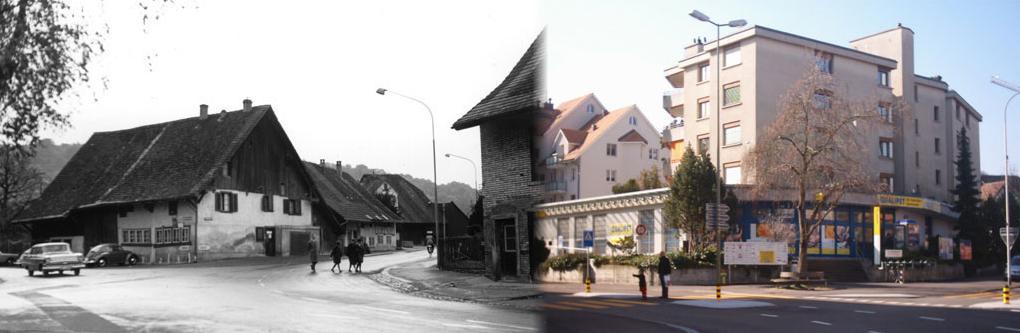 Bild links um 1958: Das Haus "Am Bach" (Ecke Freie-/Uitikonerstrasse), weil der Dorfbach bis ca. 1930 offen vor ihm vorbei floss.
Bild rechts um 2004: Das Postamt (früher "Coop") an der umgestalteten Salmenkreuzung.