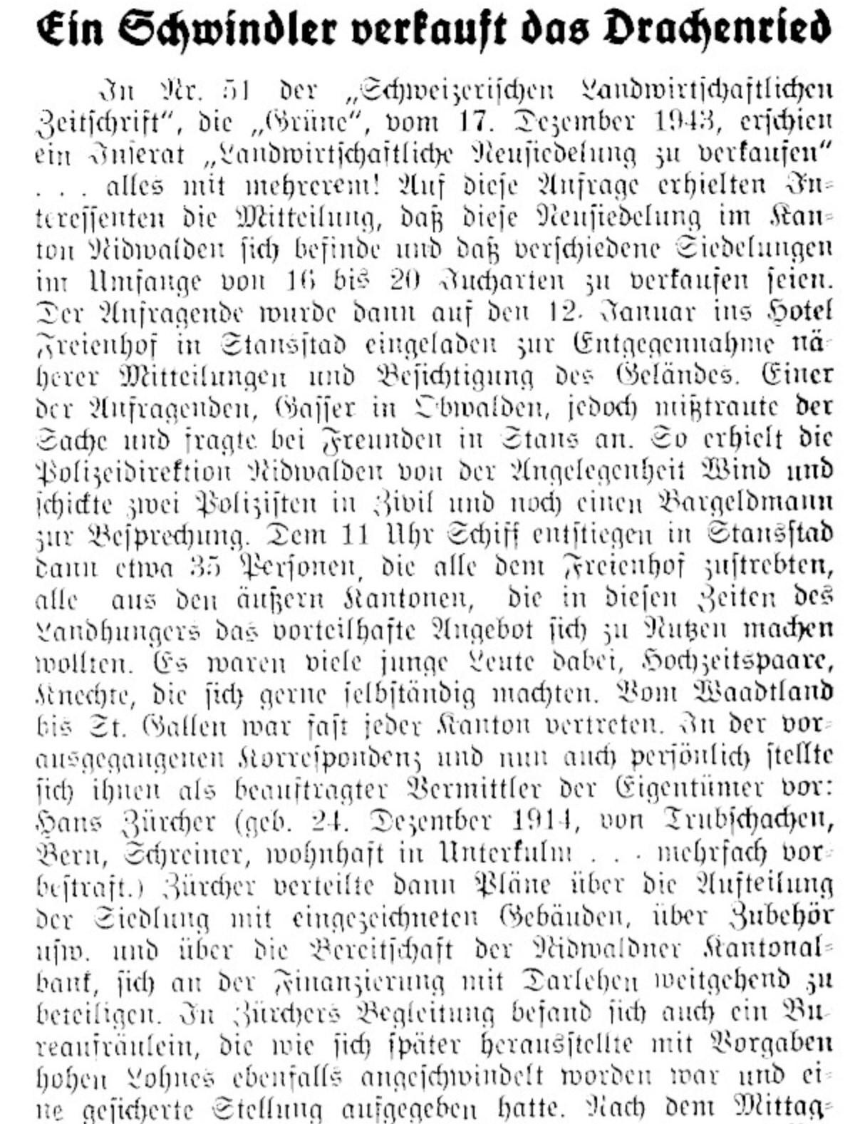 Ausschnitt aus dem Artikel «Ein Schwindler verkauft das Drachenried» aus dem Nidwaldner Volksblatt, Band 78, Nummer 9, 29. Januar 1944