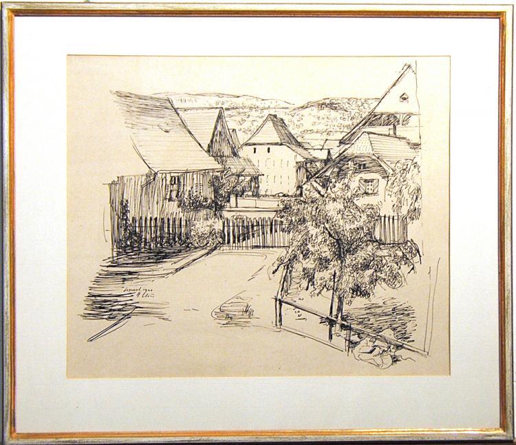 Hinter Heimatmuseum gegen Hauptstrasse/ Wacht/ Gallenheinihübeli/ Schlachthäuschen

Federzeichnung