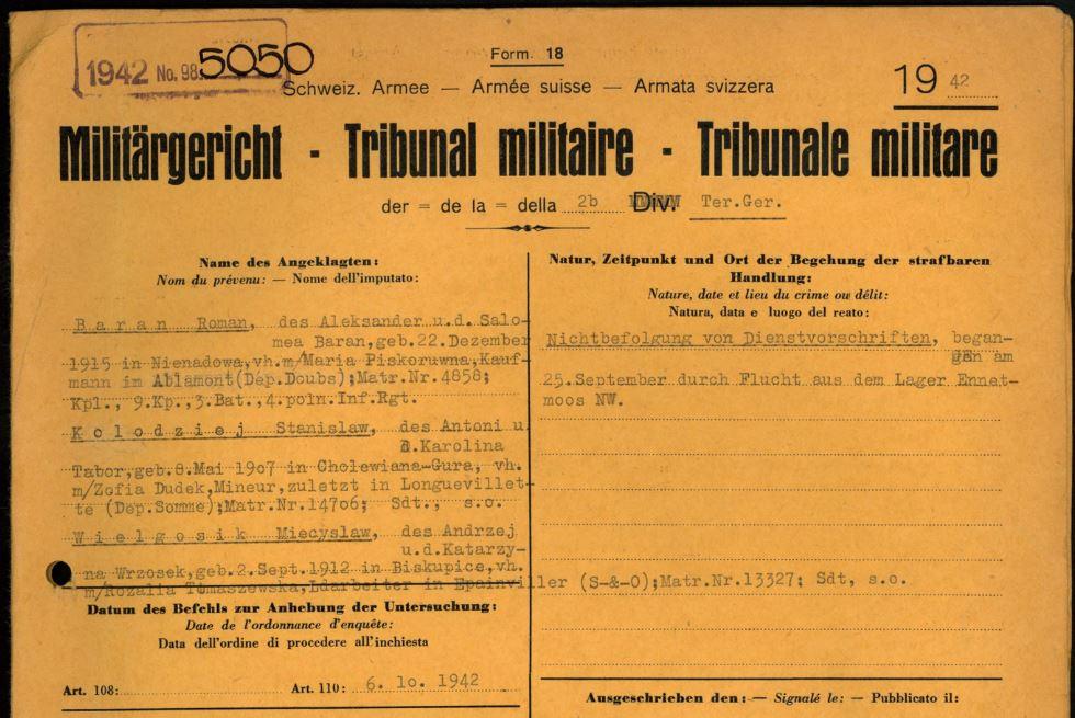 Auszug aus der Militärgerichtsakte zur Flucht aus dem Lager in Ennetmoos