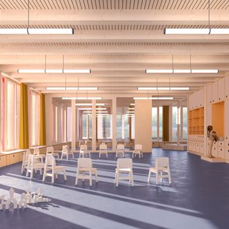 Im Süden soll ein Dreifachkindergarten entstehen, der sich über zwei Geschosse erstreckt. 