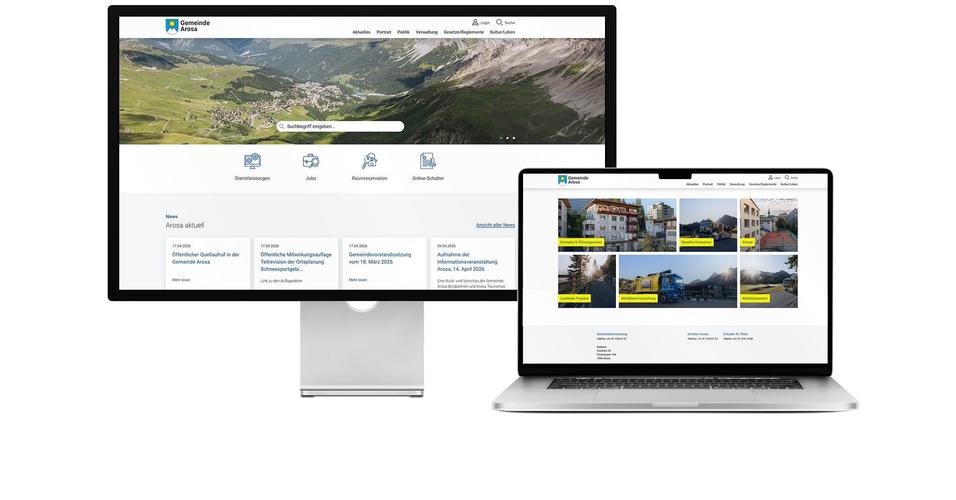 Desktop- und Tablet-Ansicht Webauftritt Gemeinde Arosa