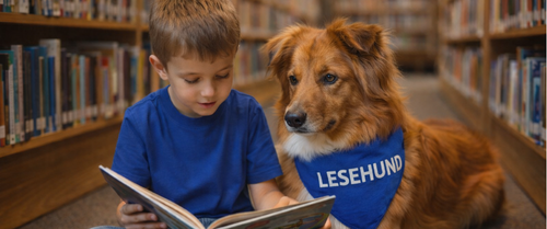 Ein Kind liest vor, der Lesehund hört zu