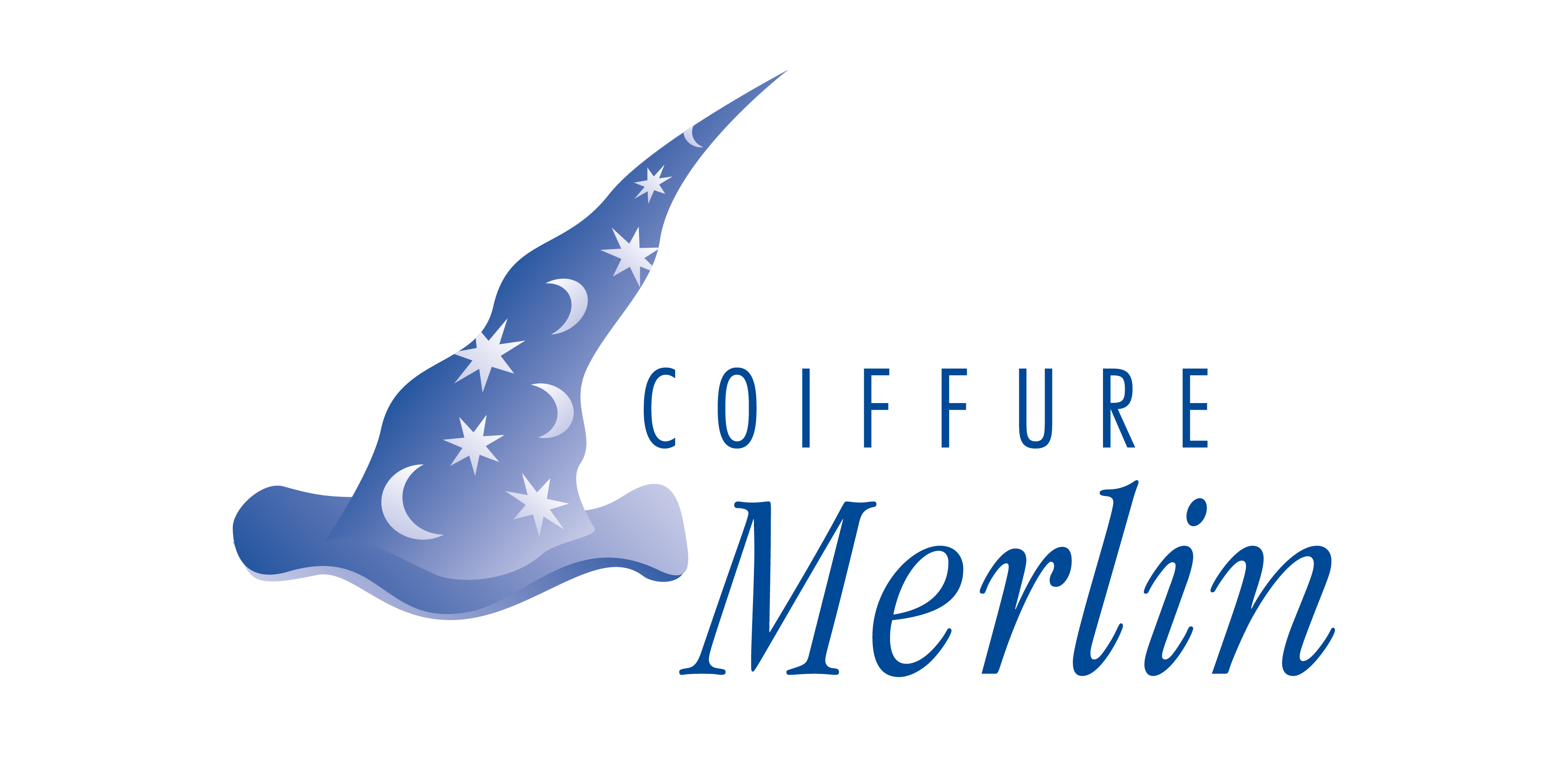 Logo mit blauem Zaubererhut und Schrift Coiffure Merlin 