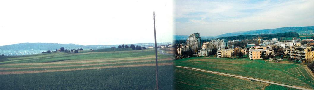 Bild links um 1960: Auch als die Urdorferstrasse um 1960 schon asphaltiert war, führte sie über freies Feld; auf dem linken Hügel das "Färberhüsli".
Bild rechts um 2004: Seit dem Bau des Spitals (1968/70) ist hier das Gebiet mit der stärksten Bautätigkeit.