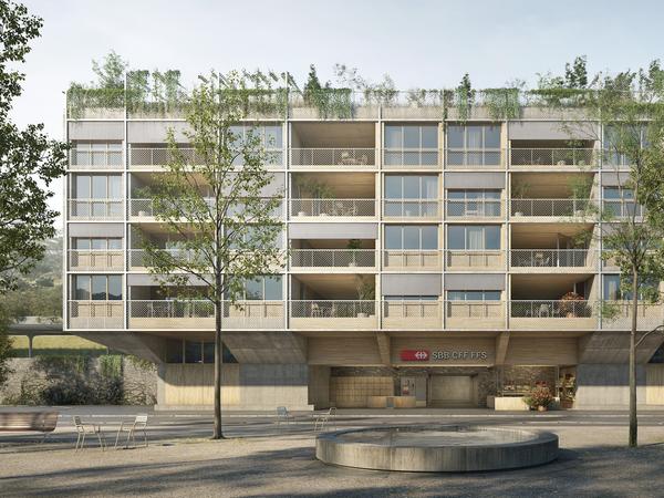Visualisierung des Bahnhofsgebäudes. Hosoya Schaefer Architects AG Zürich.