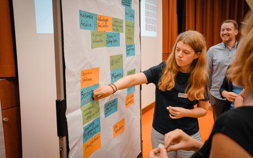 Eine Frau vor einem Flipchart.