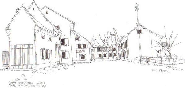 Schaffhauserstrasse in Richtung Gasthof Adler und alte Post um 1970. Gezeichnet von Kurt Keller, Stein.
