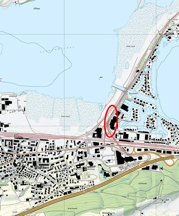 Übersichtsplan der Vollsperrung der Industriestrasse in Pfäffikon zwischen der Hurdnerwäldlistrasse und dem Hafenweg.