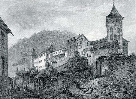 Der Stich zeigt den Hofbezirk mit Hofsteig und und Hofturm, davor das Brillentor, ein hohes, schmales Gebäude mit Durchfahrt, unter dem Dach ein offener Gang.
