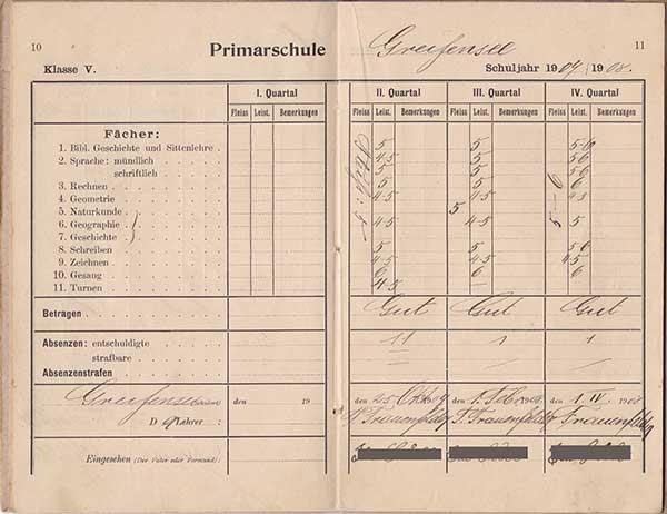So sahen die Zeugnisse zur Jahrhundertwende aus: Beispiel eines Zeugnisses des Schuljahres 1907/08, von der damaligen Greifenseer Lehrerin Fräulein Gassmann ausgestellt.