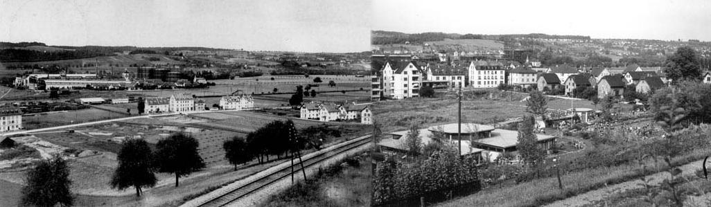 Bild links um 1913: Es stehen bereits Miets- bzw. Einfamilienhäuser für Angestellte an der Zürcher- bzw. Moosstrasse.
Bild rechts um 1950: Das Bad "Im Moos" wurde in den 40er-Jahren, die Turnhalle Moos erst 1952 gebaut.