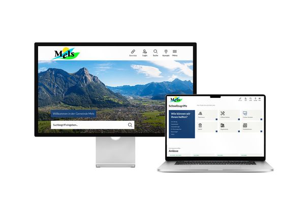 Desktop- und Tablet-Ansicht Webauftritt Gemeinde Mels