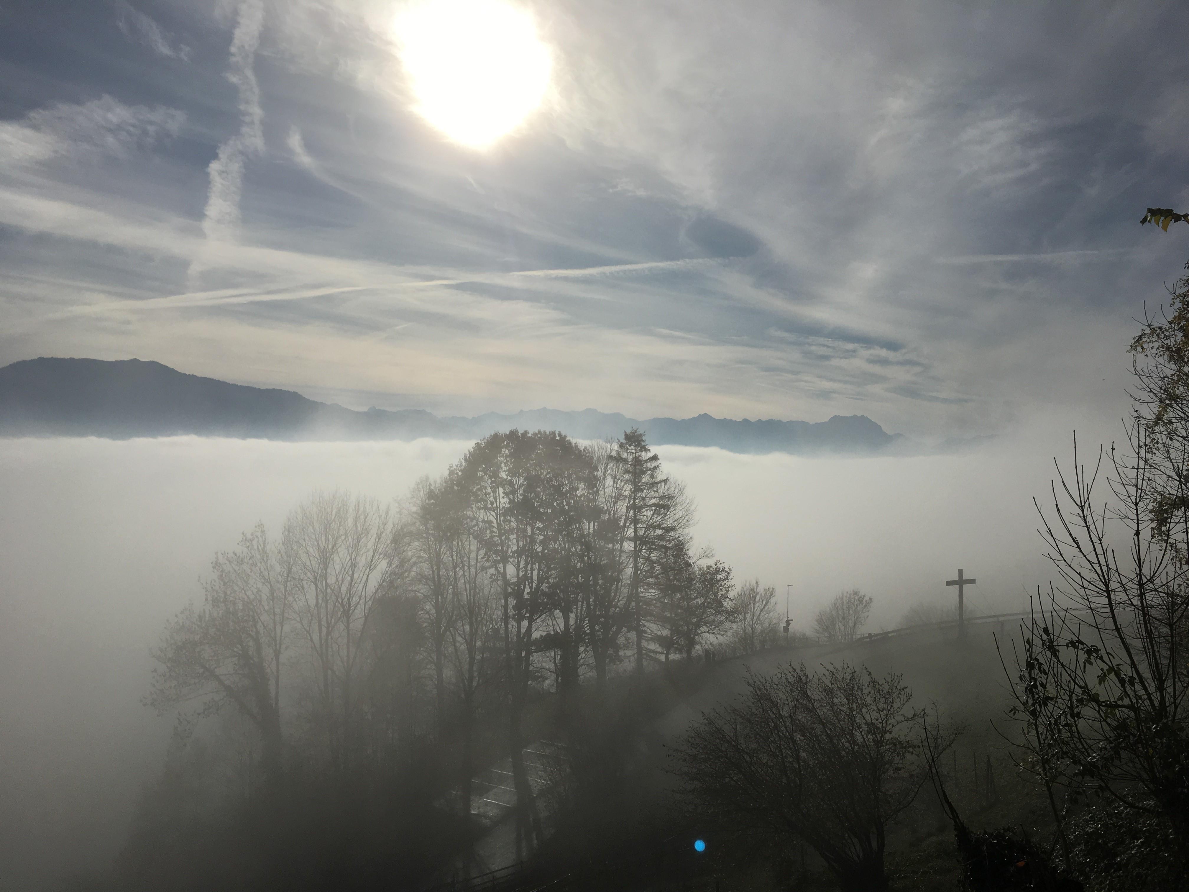 Kreuz und Parkplatz im Winternebel