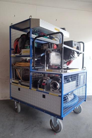 Breite: 860mm
Länge: 1230mm
Höhe: 1670mm
Gewicht 400 kg

Beladung:
1 Notstromaggregat 8.0 kW
1 Kabelrolle 25m, 380 Volt
1 Kabelrollen 50m, 220 Volt
1 Scheinwerfer 500 Watt, mit Stativ
1 Schmutzwasserpumpe "Chiemsee",(2200 lt/min)
1 Tauchpumpe mit Flachabsaugung "Kärcher",(200 lt/min)
1 Tauchpumpe "ECM 100-DS",(450 lt/min)
2 Schläuche formfest 75mm
1 Schachtabsaugung
1 Bogen 90°
1 Bogen 45°
1 Druckbrecher
2 Feuerwehrschlauch 75mm
2 Feuerwehrschlauch 55mm
1 Rako-Box 
   (1 Hilfsstrick, 2 Storzschlüssel, 1 Schraubenzieher)
1 Benzinkanister