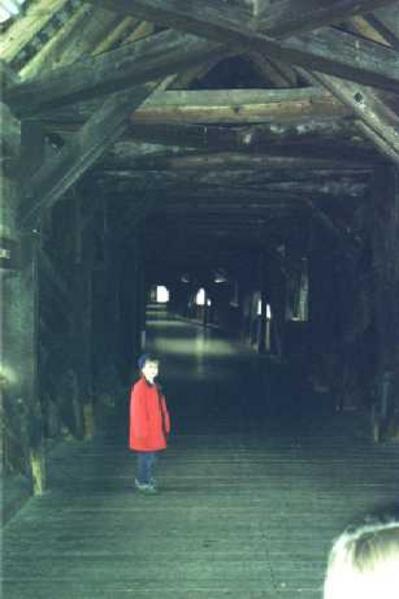 Das Innere der historischen Holzbrücke. Vor dem Bau der Fridolinsbrücke quälte sich hier der Motorfahrzeugverkehr über den Rhein. Heute steht die Brücke ausschliesslich den Fussgängern zur Verfügung.
