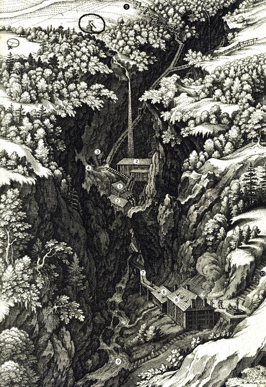 Kupferstich um 1650 vom Bad Pfäfers. Gebäude und Seilwinden, Weg in die Schlucht und nach Bad Ragaz