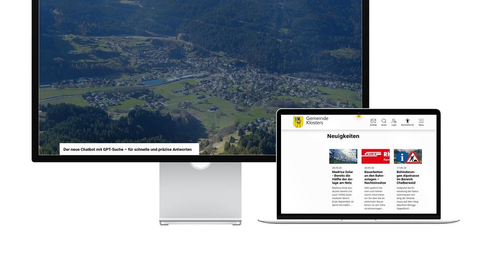 Desktop- und Tablet-Ansicht Webauftritt Gemeinde Klosters
