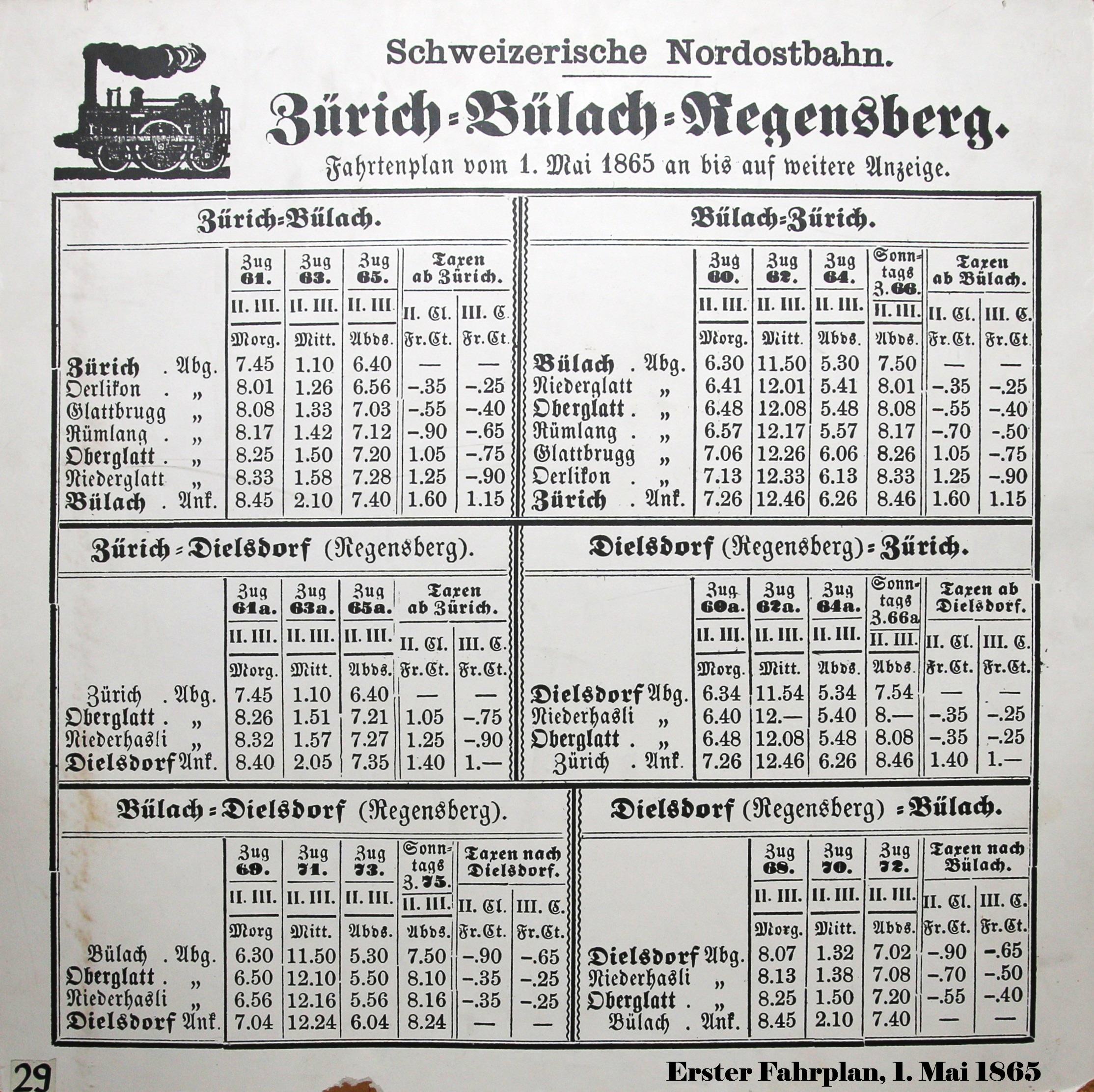 Linien nach Dielsdorf und Bülach wurden gleichzeitig gebaut. Morgen, Mittag und Abend je 1 Zug. Regensberg war noch Bezirkshauptort bis 1871.
