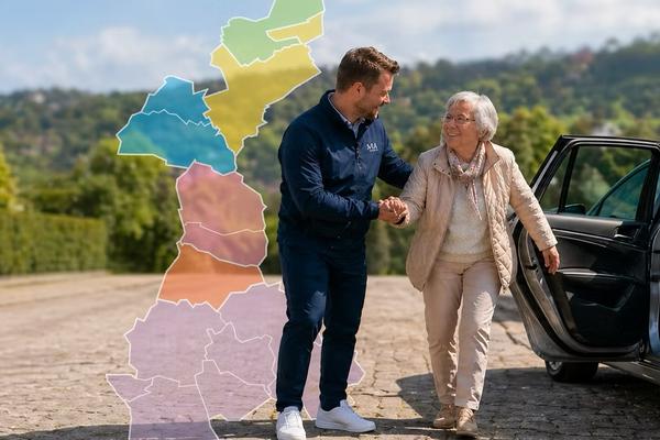 Ein freiwilliger Engagierter begleitet eine ältere Dame aus dem Fahrzeug