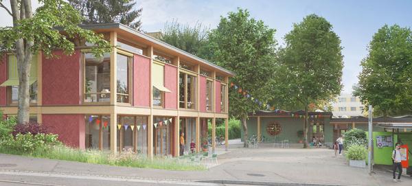 Die Visualisierung der neuen Schulanlage im Quartier Kappelisacker zeigt auf diesem Bildausschnitt ein einstöckiges Gebäude, einen Pausenplatz sowie eine Bushaltestelle.