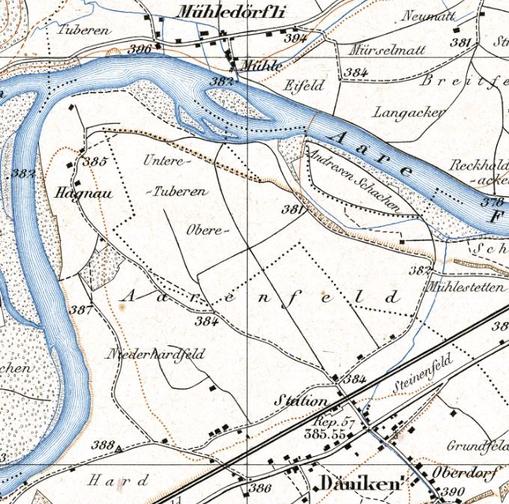 Siegfriedkarte 1:25'000 von 1878: Däniken-Aarenfeld-Mühleweg-Mühledörfli (Niedergösgen)
