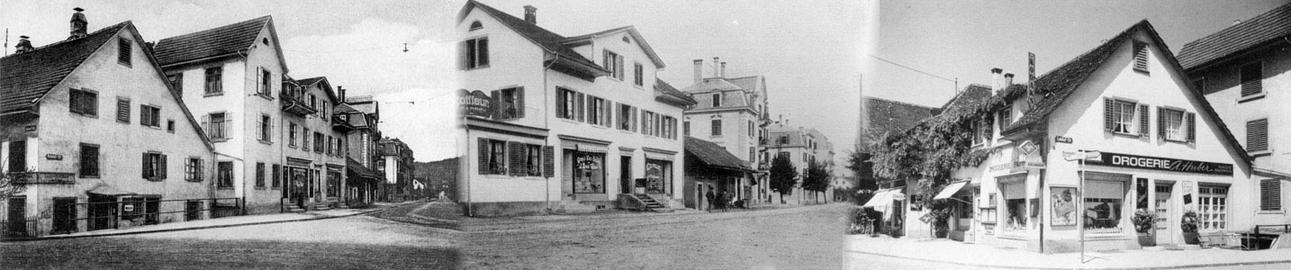 Bild links um 1913: An der Ecke Bahnhof-/Badenerstrasse befand sich 1913 ein "Spezereigeschäft"...
Bild Mitte um 1928: ...ein Coiffeurgeschäft...
Bild rechts um 1960: ...und bis 1968 die Drogerie Huber.