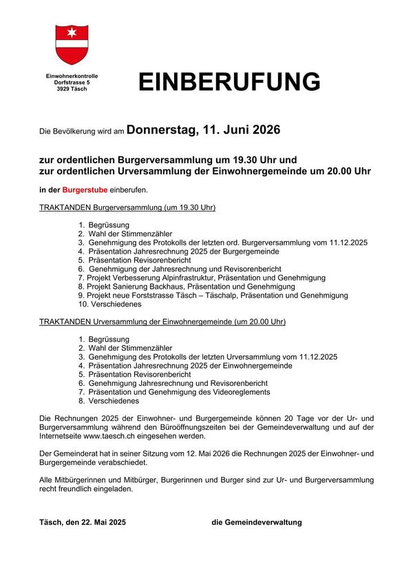 Einberufung für die Burger- und Urversammlung