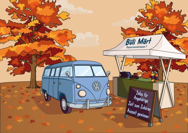 Himmelblauer VW BUs vor einem Marktstand, umgeben von herbstlichen Bäumen
