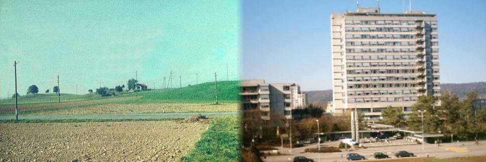 Bild links um 1965: An der äusseren Urdorferstrasse lagen Wiesen und Äcker; hinten das "Färberhüsli".
Bild rechts um 2004: Spital, Chronischkrankenheim, Schwesternschule, Altersheim statt Äcker.