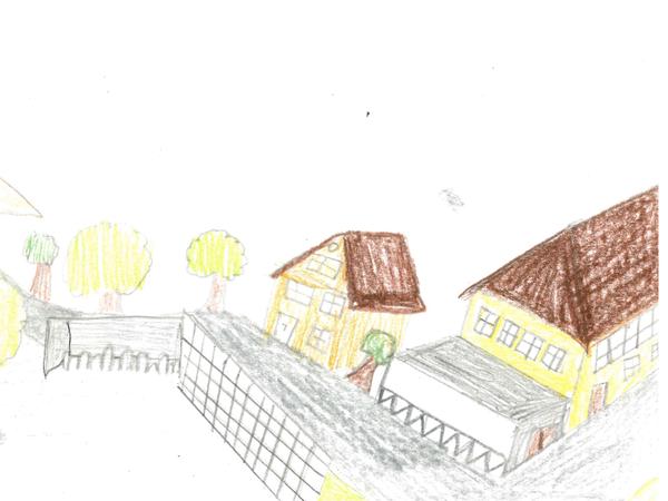 Kindergarten und Schulhaus gezeichnet