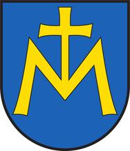 Hintergrund blau, gelbes M mit Kreuz in der Mitte