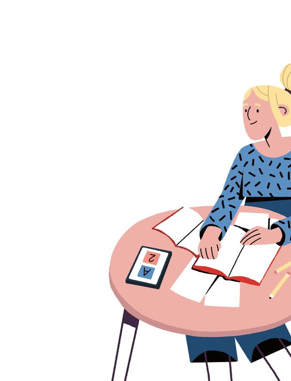 Illustration einer Frau, die an einem Tisch sitzt und liest