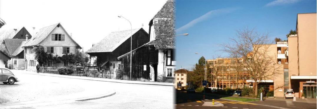 Bild links um 1954: An der Freiestrasse stehen noch die "Arch" (ganz rechts), das erste Schulhaus und das "Stürmeierhuus" (ganz links, verdeckt).
Bild rechts um 2000: Rechts der ehemalige Sennhof (Freiestrasse 4), dahinter das Stadthaus (Freiestrasse 6).