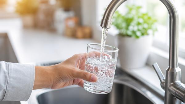 Eine Hand von jemandem füllt in einer Küche ein Glas mit Wasser vom Wasserhahn.