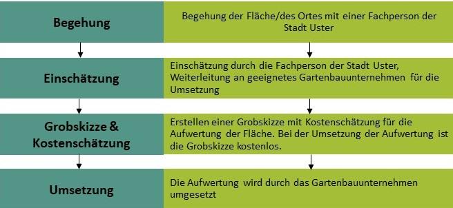 Grafik zur Beratung. 1. Begehung der Fläche. 2. Einschätzung durch Fachperson. 3. Grobskizze und Kostenschätzung durch private geeignete Firma zusammen mit Stadt Uster. 4. Umsetzung durch die gewählte private Firma