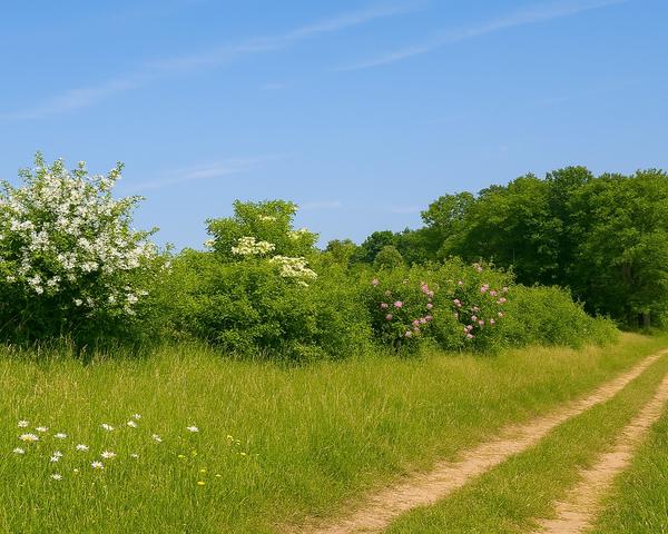 Eine Hecke an einem Wiesenweg