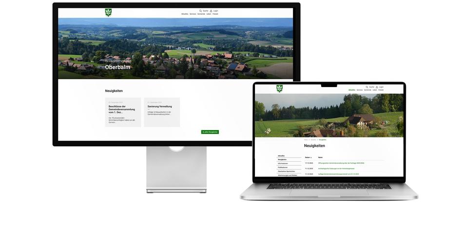 Desktop- und Tablet-Ansicht Webauftritt Gemeinde Oberbalm