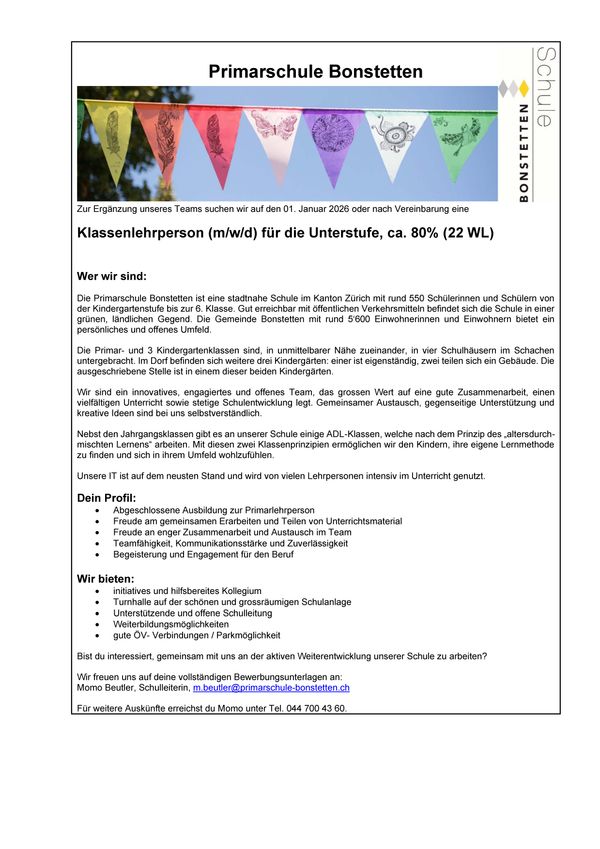 Stelleninsterat Unterstufenlehrperson