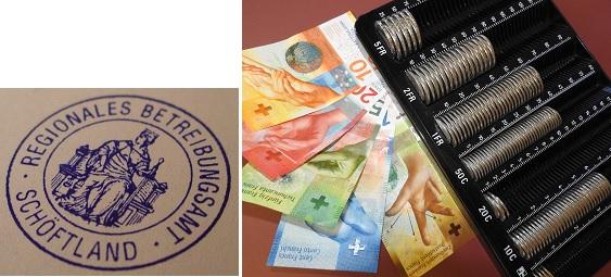 Regionales Betreibungsamt - Stempel und Geldscheine und Münzen (Symbolbild)
